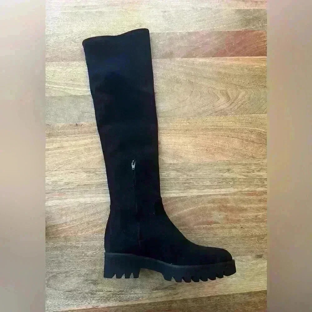 Theory Black Faux Suede Over-the-Knee Boots Lug Sole | 37 - Picture 2 of 5